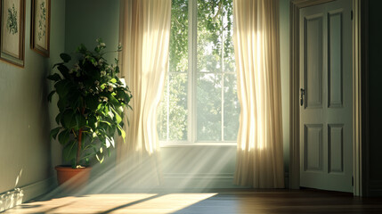 Wall Mural - A room with a large window and a potted plant