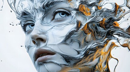 Abstract, surreal portrait of a woman with paint and flowing design elements, capturing movement and emotion