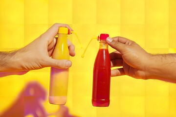 Hands extracting mustard and ketchup from plastic. Generative Ai