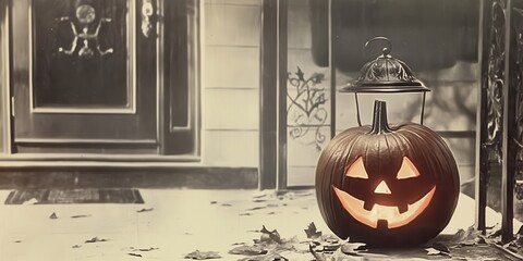 Wall Mural - A flickering jack-o'-lantern on a porch