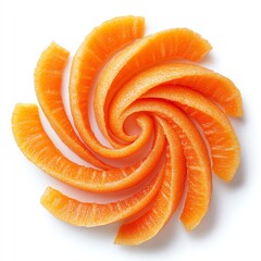 a sliced carrot forming a spiral, artistic presentation, bright orange, isolated on white background