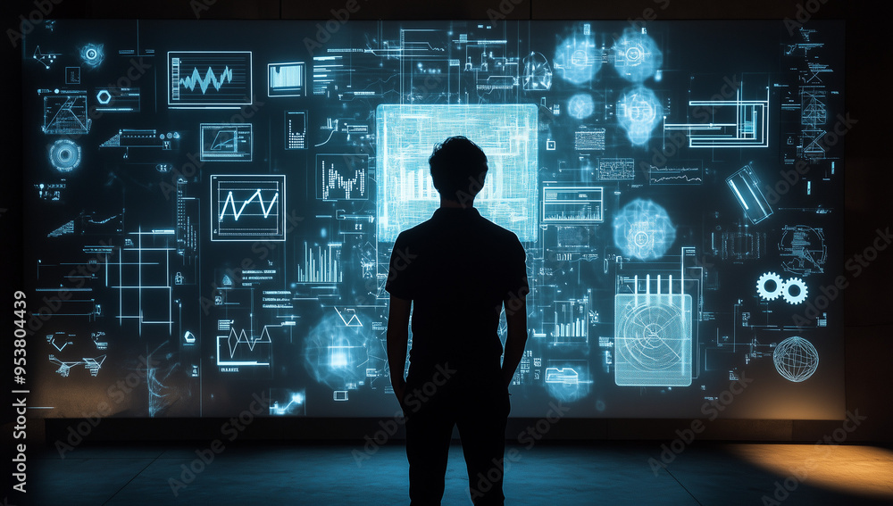 A man stands in front of an AI-generated wall with glowing digital ...