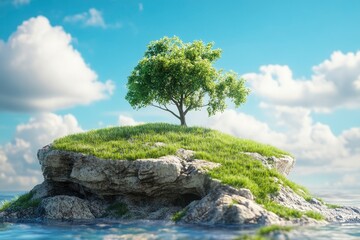 Travel and vacation background. 3d illustration with cut of the ground and the grass landscape. The trees on the island and rocks. with generative ai