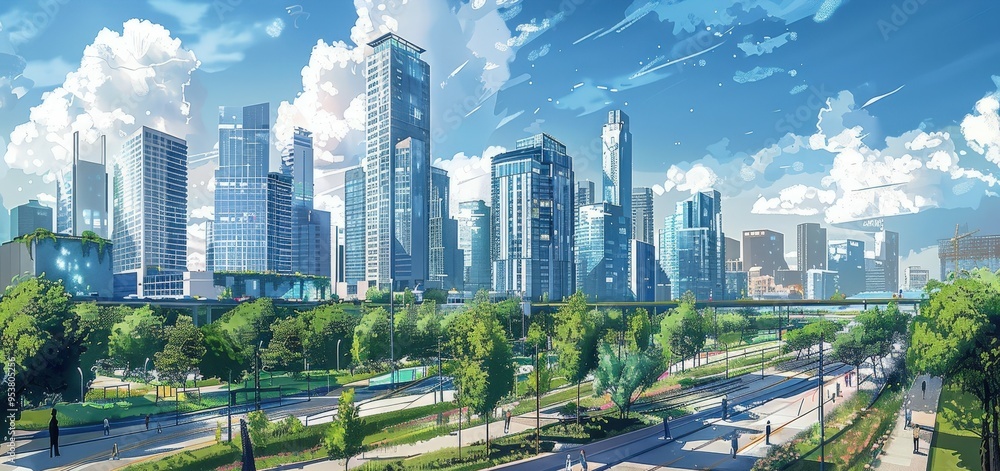 city landscape with a focus on a major urban redevelopment project ...