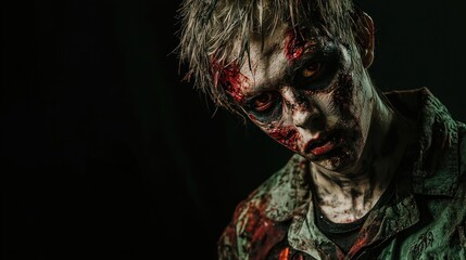 Wall Mural - A person dressed in a realistic zombie costume, complete with makeup and fake blood.