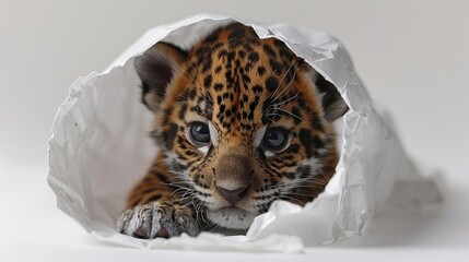 Poster - Curious Jaguar Cub Peeking from Paper Bag