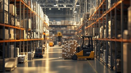 Wall Mural - A forklift in a warehouse aisle among stacked cardboard boxes