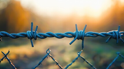 Wall Mural - view along a high fence with barbed wire against blue und colorful sunset sky.