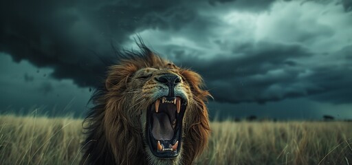 Poster - Lion roaring fiercely with its powerful jaws wide open, sharp teeth exposed, and its mane flowing in the wind