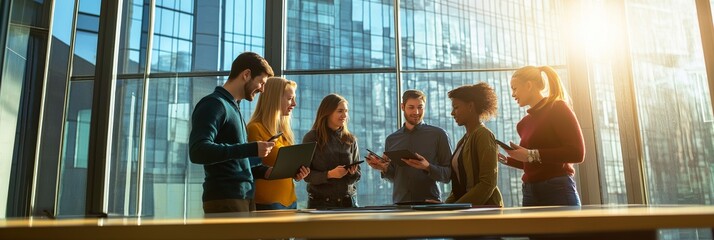 Poster - In a modern corporate office, a diverse group of professionals engages in dynamic discussions to boost creativity, enhance communication, and develop strategic plans for longterm success