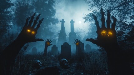 Canvas Print - A dark, eerie graveyard with glowing eyes and zombie hands reaching out from multiple graves.