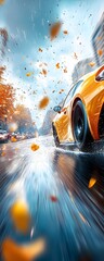 Poster - Fast Car Driving Through Autumn Leaves.