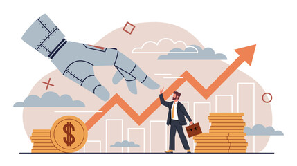 Bionic hand with business people. Successful human collaboration with artificial intelligence, growing schedules, price chart, cartoon flat isolated nowaday vector investment concept