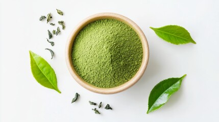 Green Tea Powder in a Bowl with a Leaf on White Background, Healthy Beverage Ingredient Generative AI