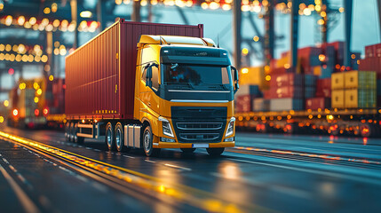 A vibrant yellow truck transporting cargo through a busy shipping port, surrounded by colorful containers and industrial activity.