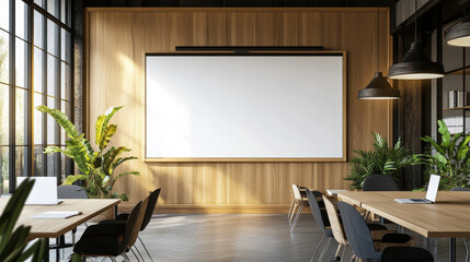 Wall Mural - A large white board is on the wall of a room with a lot of chairs and tables