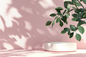 Unobtrusive botanical background with shadow on the wall - trend frame, cover, card, postcard. Exhibition Podium, stand, showcase on pastel light background for premium product , with generative ai