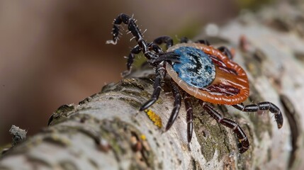 A mite sitting on a branch in a forest. Meadow or swamp tick. Ticks carry dangerous diseases