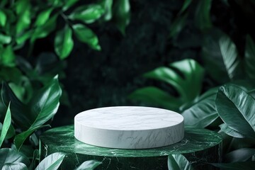 White round template podium mockup for natural organic cosmetic product presentation ad concept on green eco forest fresh leaves nature flat lay background, with generative ai