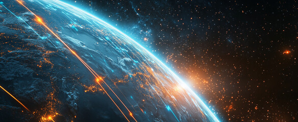Wall Mural - abstract background of earth viewed from orbit, featuring glowing blue and orange light streaks inte
