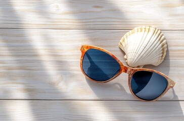 Wall Mural - Summer Vacation Essentials: Sunglasses and Seashell on Wooden Background