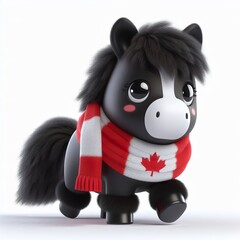 Canvas Print - cute 3d fluffy canada black horse character with canada style scarf