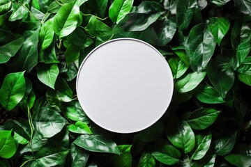 White round template podium mockup for natural organic cosmetic product presentation ad concept on green eco forest fresh leaves nature flat lay background, with generative ai