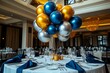 © Thanyarat - Balloon Metallic, Anniversary, and Indoor visualized in an elegant indoor setting where metallic balloons in silver and gold float above a beautifully decorated anniversary table