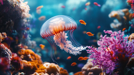 A jellyfish is swimming in a tank with other fish