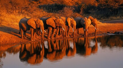 Canvas Print - A herd of elephants drinking from a waterhole, with the reflections creating a serene scene.