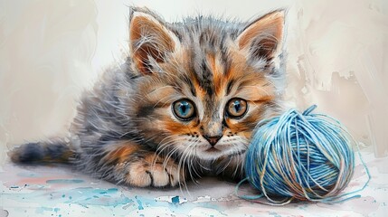 Canvas Print - Cute Kitten with a Ball of Yarn