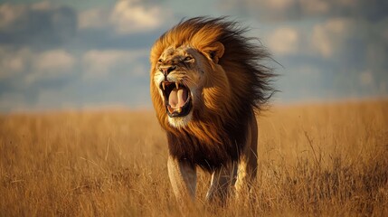 Wall Mural - A powerful lion roaring  with its mane flowing in the wind.