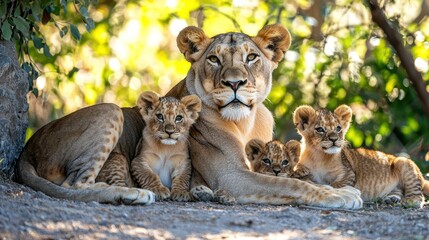 Wall Mural - A lioness and her cubs resting in the shade, emphasizing their family bond.