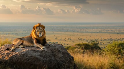Wall Mural - A lion lying on a rock outcrop, with a panoramic view of the African plains in the background.