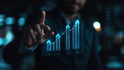 A professional analyzes financial data with a digital graph on a touchscreen interface, representing growth and innovation.