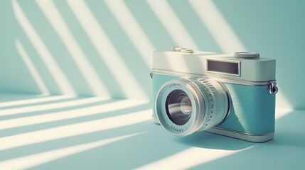 Wall Mural - Vintage Blue Camera with Light Stripes on a Light Blue Background