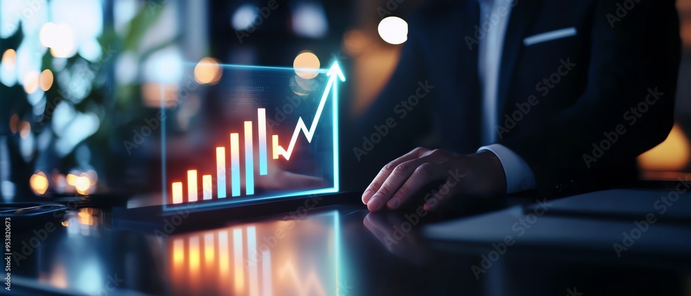 Professional man analyzing growth data with digital graph. Focus on ...