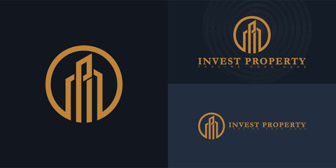 Wall Mural - modern circle vector initial letter ip or pi logo in gold color isolated on multiple background colo