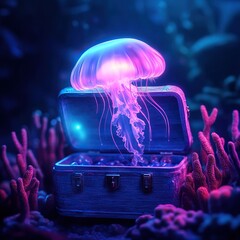 A vibrant jellyfish emerging from an opened treasure chest, illuminated in a mystical underwater environment.