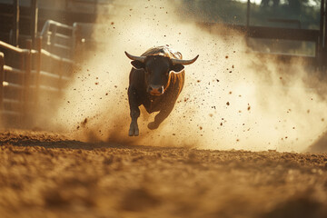 Muscular bull running towards the viewer in a rodeo arena, kicking up a cloud of dust