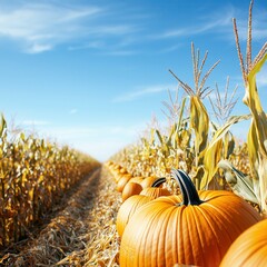 Wall Mural - Pumpkins in a cornfield.