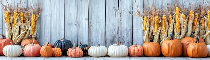 Canvas Print - Autumn Harvest Pumpkins and Corn on Wooden Background.