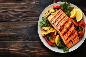 Canvas Print - Grilled Salmon with Vegetables on a Wooden Background