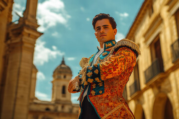 Matador is standing in a city center, wearing a traditional suit of lights and preparing for the corrida