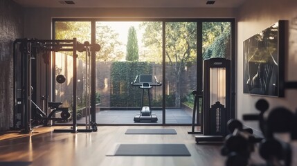 Wall Mural - Modern Home Gym Interior with Large Window and Exercise Equipment