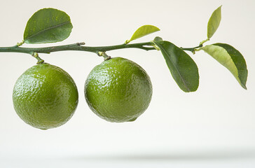 Two green limes on a branch against an isolated white background