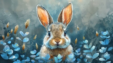 Poster - Cute Bunny in a Blue Flower Field