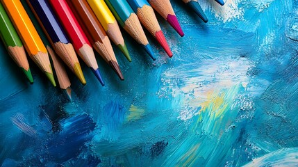 Canvas Print - Colorful Pencils Arranged on a Blue Canvas