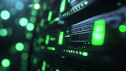 A close-up view of the back side of two rows of server cabinets, featuring green lights glowing from the front panels of each cabinet.