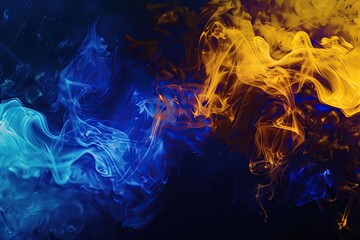 Yellow blue smoke in neon light on black background.